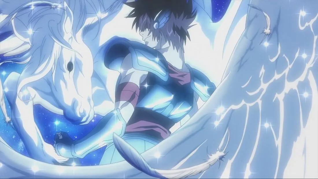 tenma de pegasus com sua armadura e um pegasus de fundo