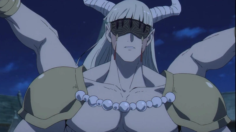 demônio com quatro braços, venda nos olhos chifres e cabelos longos olhando para frente