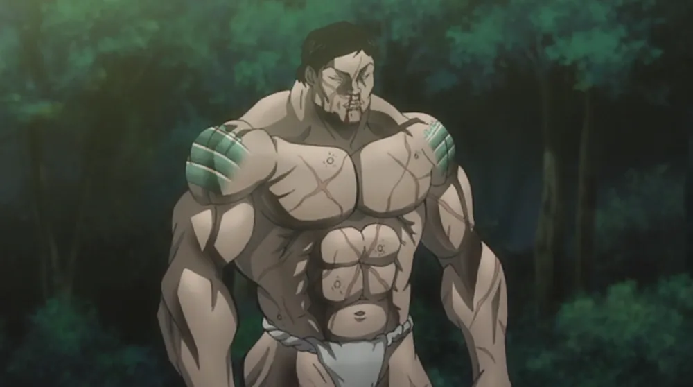 Hanayama apenas usando uma cueca parecida com aquelas que lutadores de Sumo usam. 

