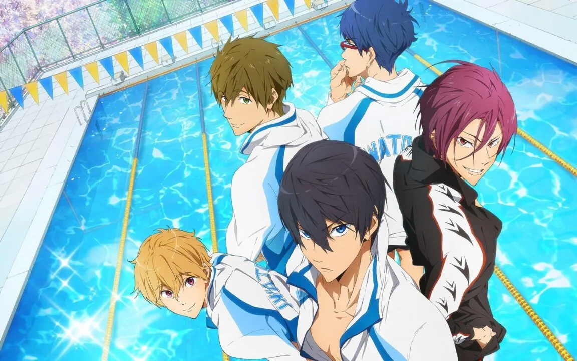 personagens do anime Free! todos juntos na frente de uma piscina, apenas usando casaco e a roupa de banho