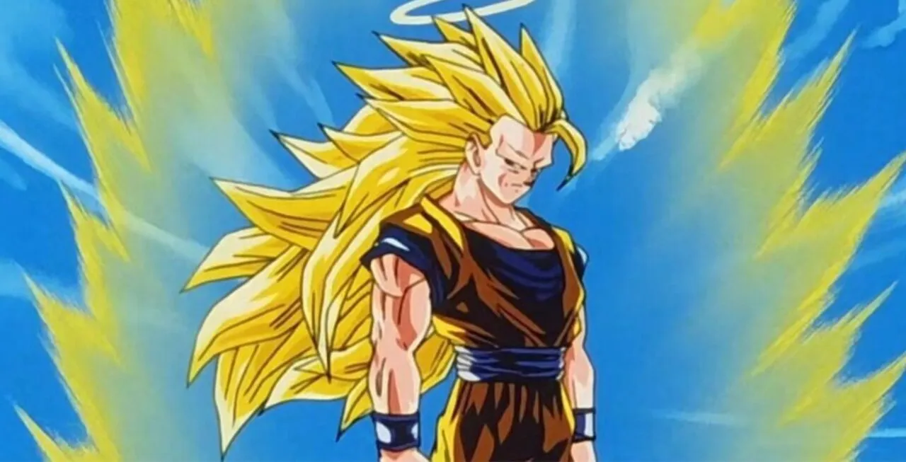 Goku na forma Super Saiyajin 3 flutuando e com olhar sério