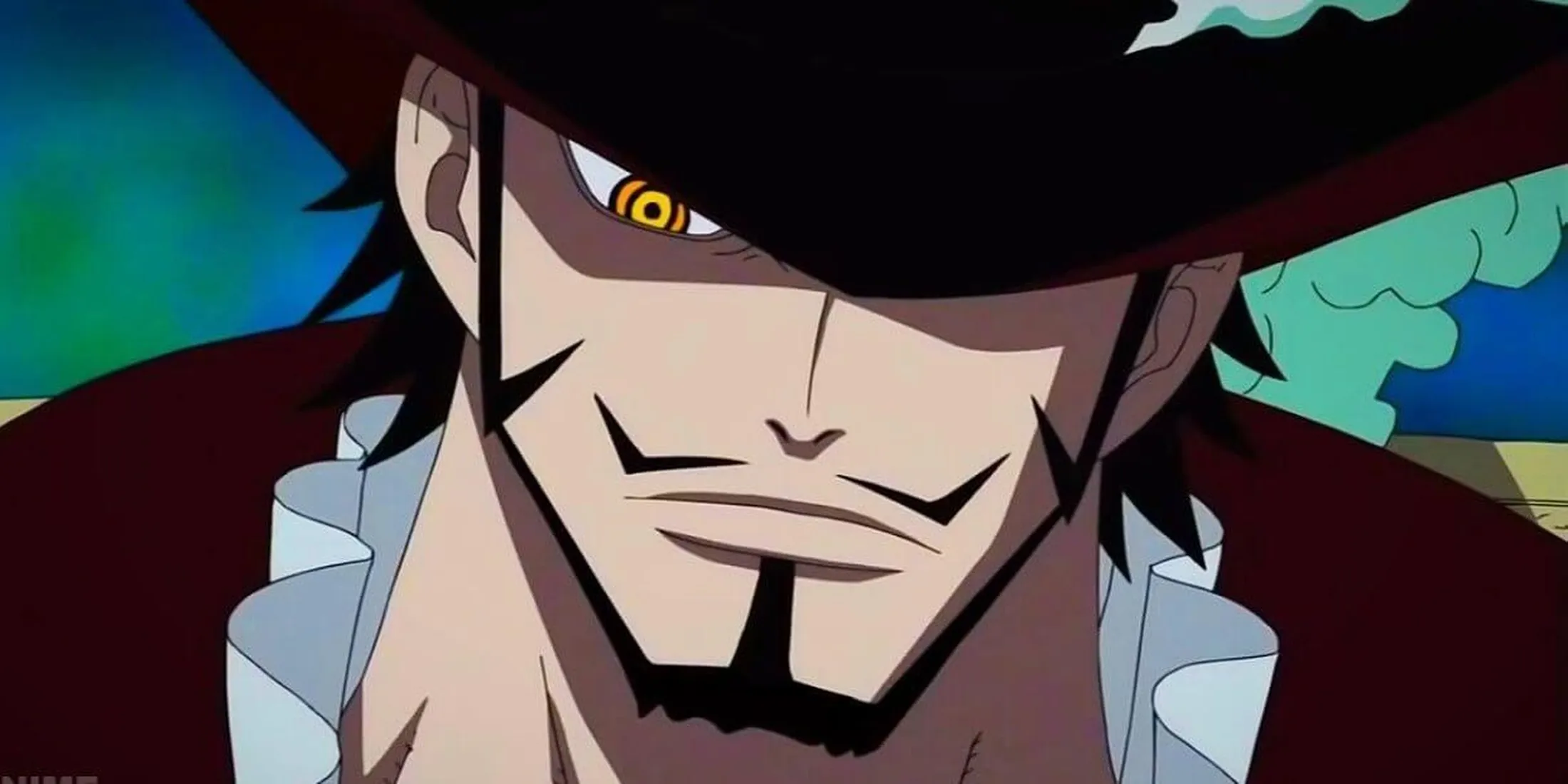 Mihawk sério olhando para baixo, provavelmente para alguém