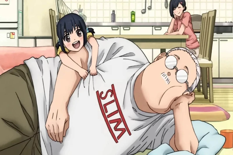 Taro Sakamoto, protagonista do anime em foto com a esposa e Hana, sua pequena filha.
