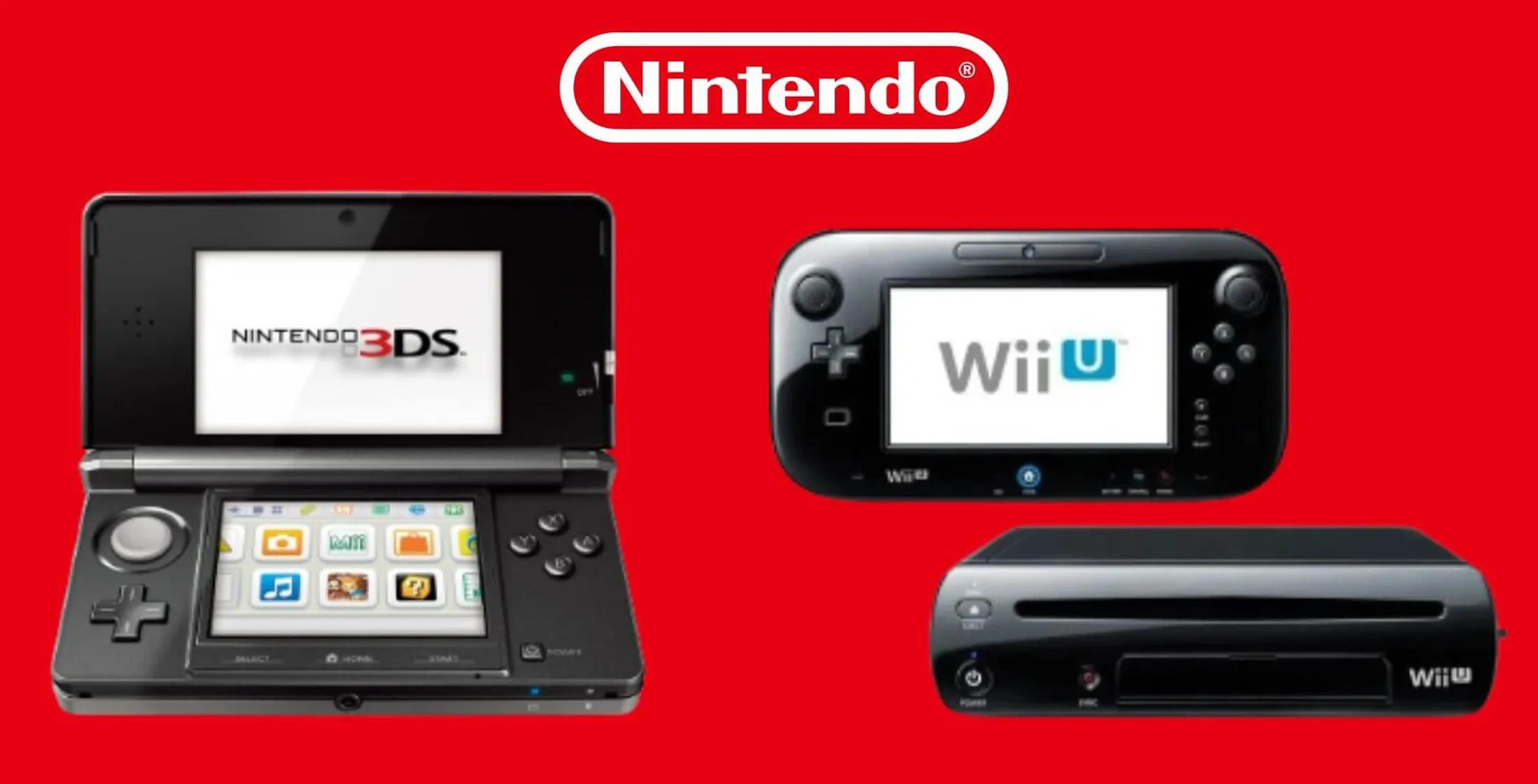 Logo da Nintendo acima, com o console Nintendo 3DS e Wii U