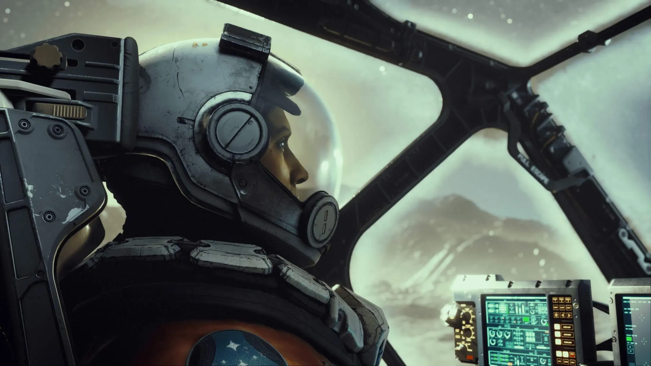 Personagem de Starfield dentro de uma nave.