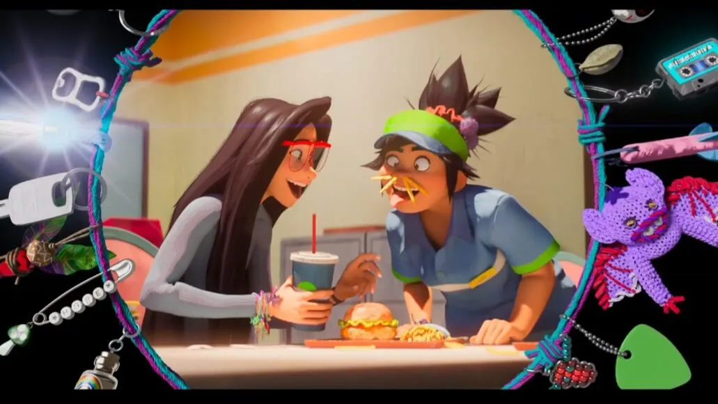 menina de óculos segurando copo enquanto menina faz careta com batatas no nariz