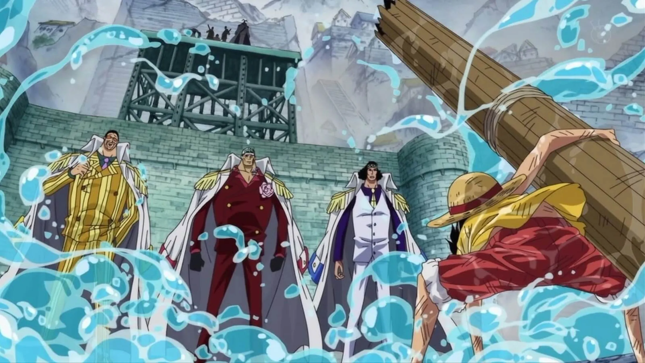 luffy encarando os almirantes enquanto segura um tronco de árvorea
