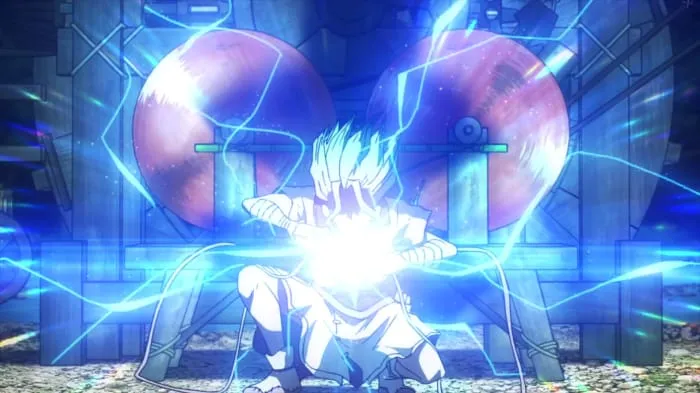 Senku tocando dois fios e gerando eletricidade em sua volta