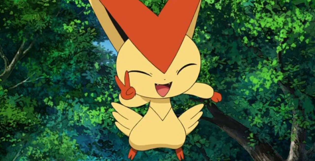 Victini voando e sorrindo com os olhos fechados fazendo um V com os dedos