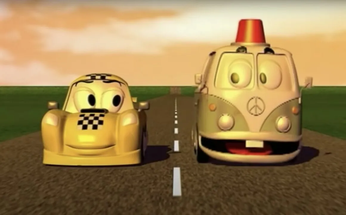 Um carro e uma kombi com bocas e olhos.