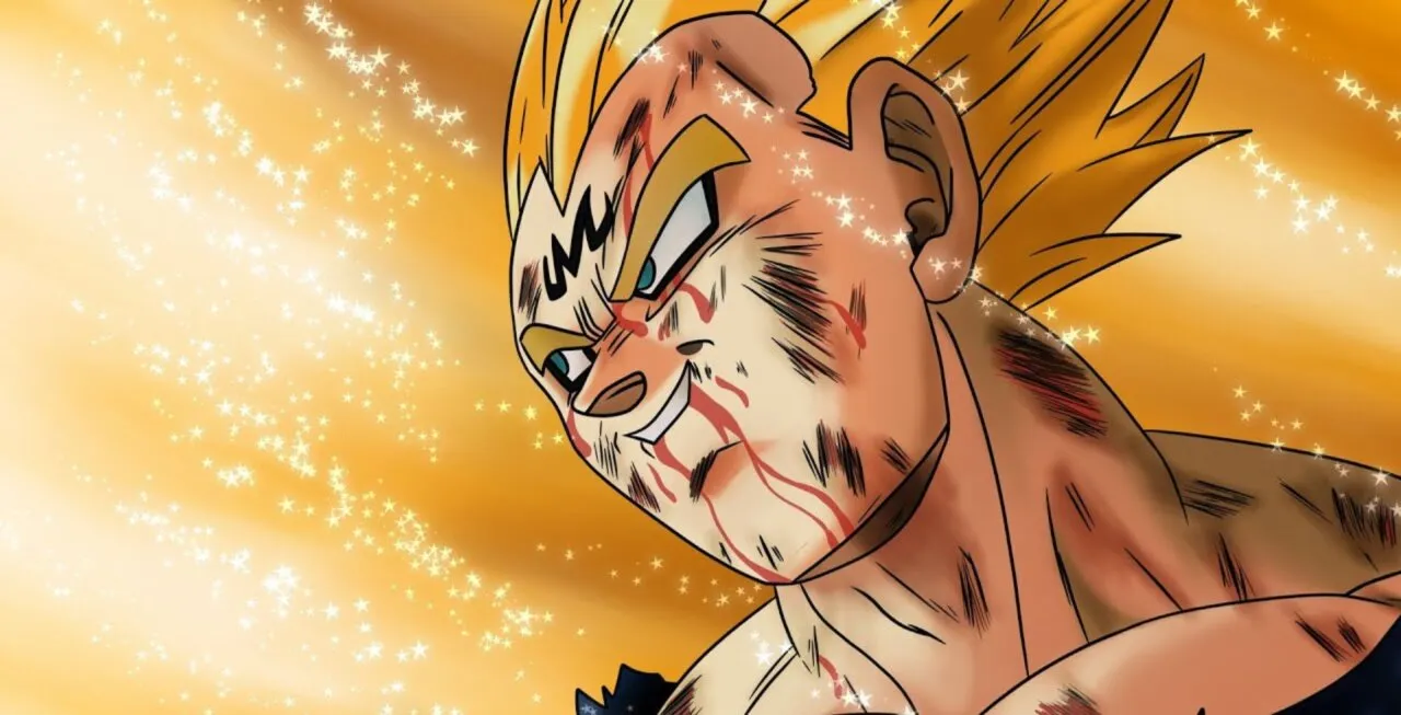 Personagem Majin Vegeta olhando para o horizonte prestes a se explodir
