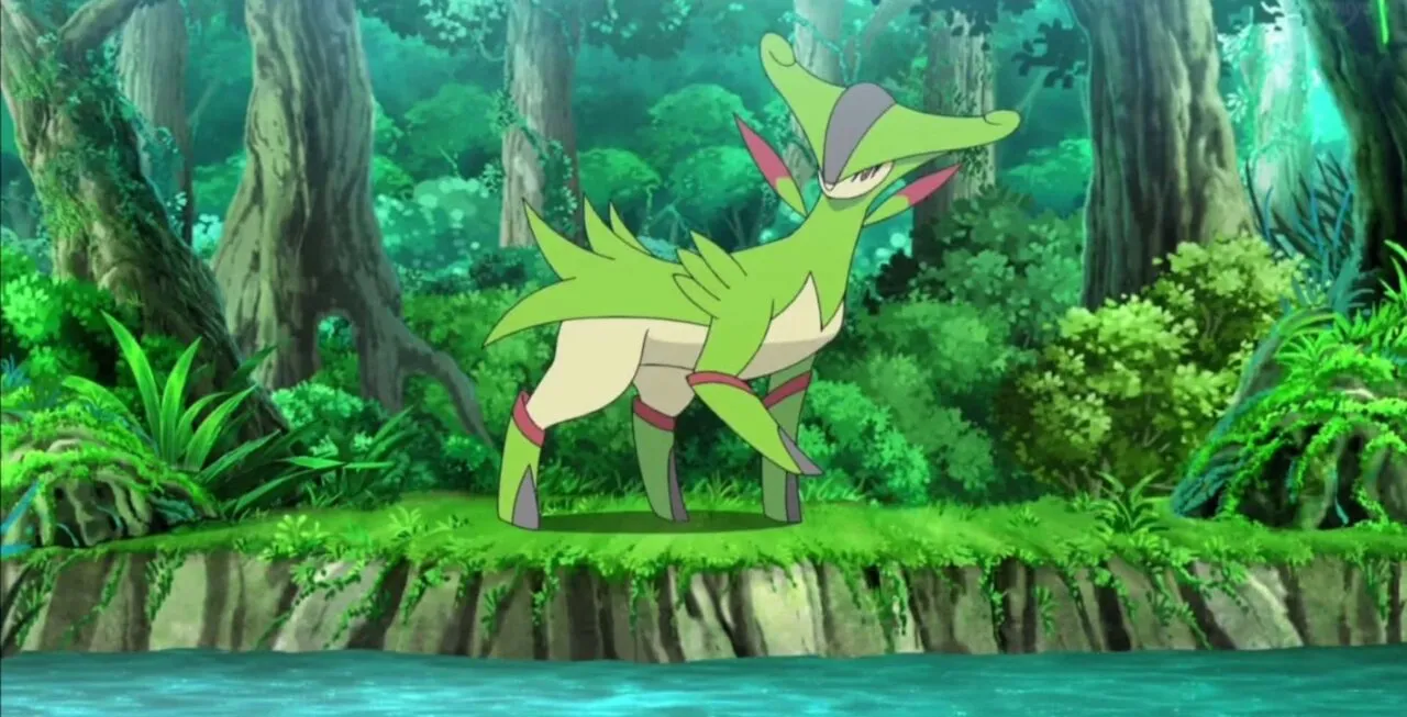 Virizion sorrindo em uma floresta