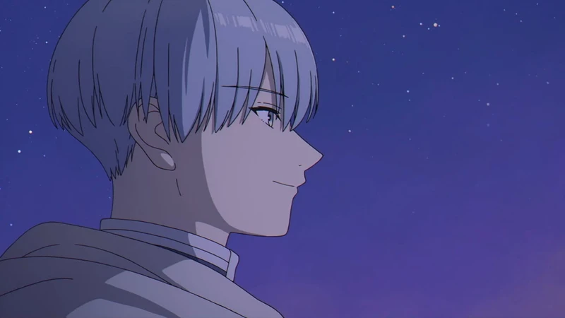 Himmel olhando para a frente e sorrindo com um céu roxo e azul no fundo