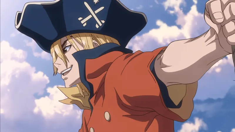 Personagem Ryusui de Dr. STONE: New World. de braços abertos