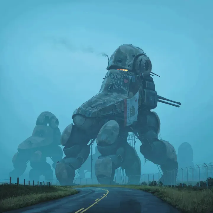 Em “The Electric State”, de Simon Stålenhag, o país foi devastado pela guerra dos drones 