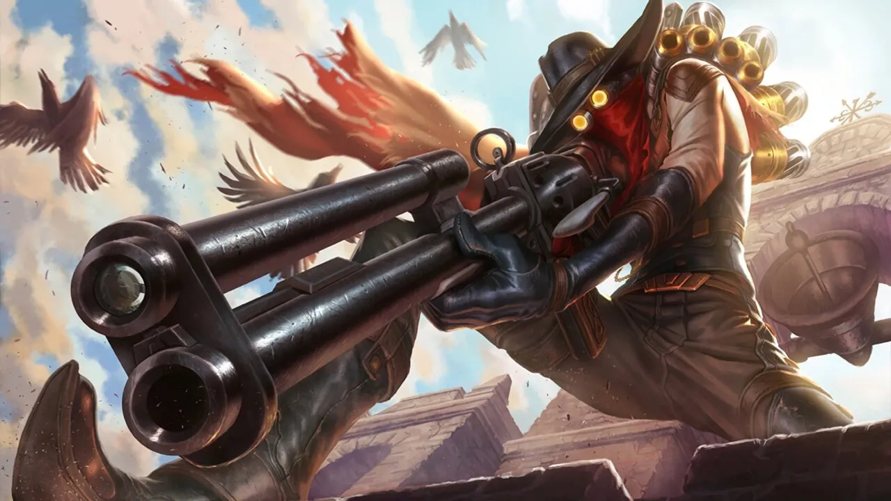 Jhin na temática Velho Oeste, mirando em alguém enquanto está agachado