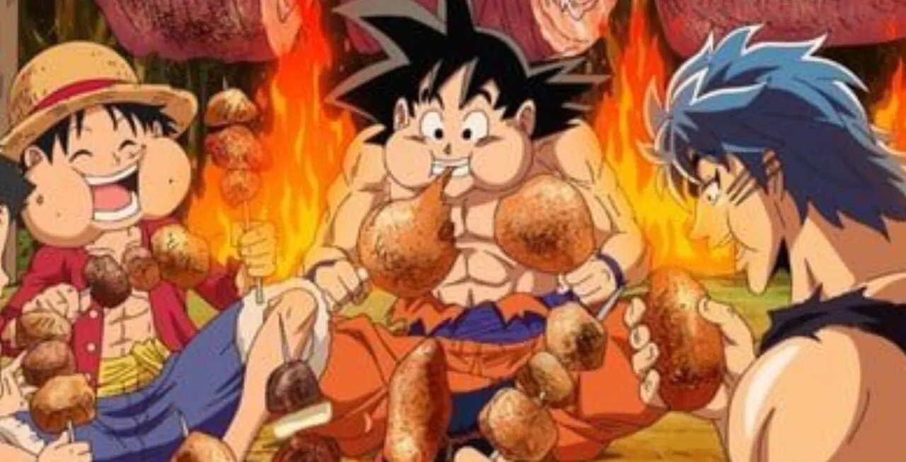 Personagens Luffy, Goku e Toriko comendo