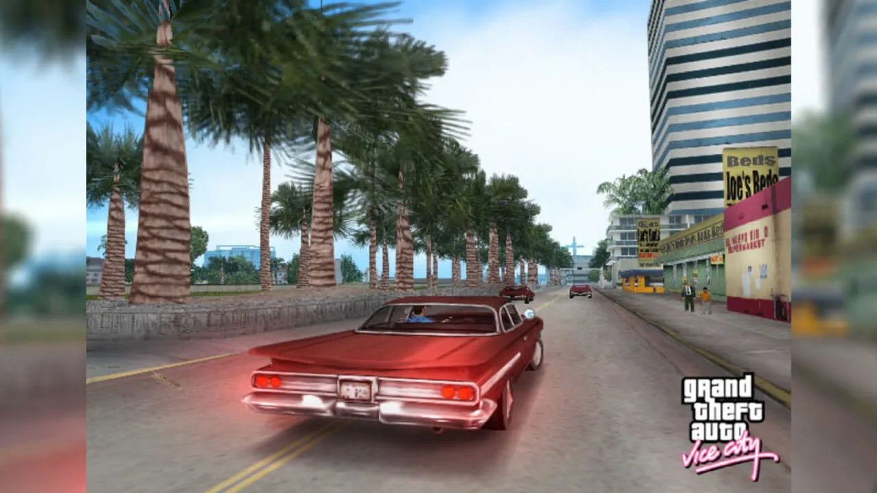 Jogo Grand Theft Auto: Vice City onde um carro está sendo controlado em meio a uma avenida de uma cidade