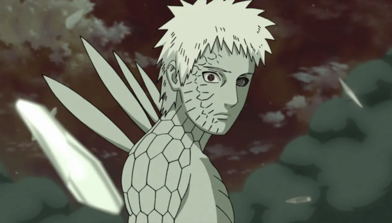 obito olhando para o lado com um olhar triste enquanto esta como Jinchuuriki