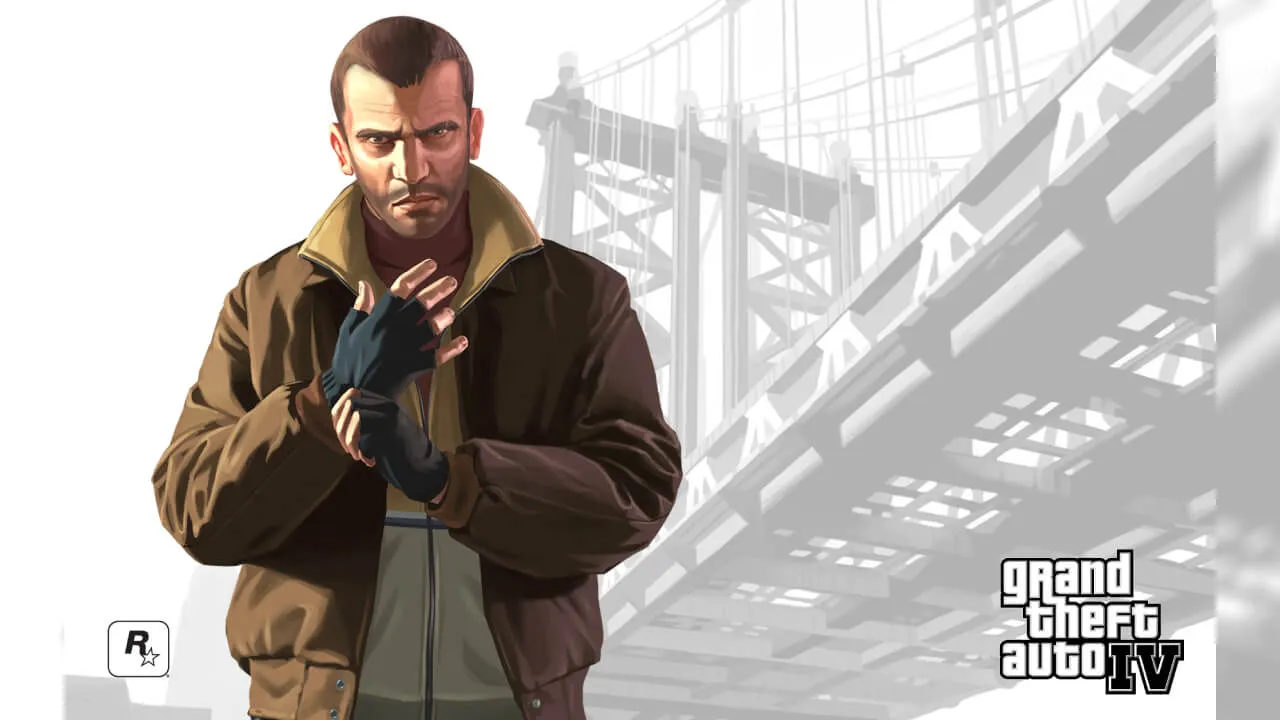 Ilustração de Niko Bellic, um homem vestindo um casaco e luvas