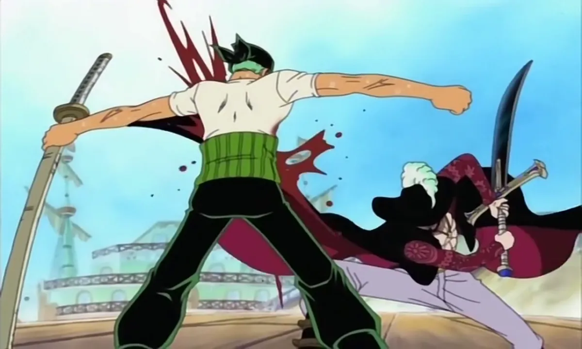 Zoro recebendo o golpe de Mihawk de peito aberto