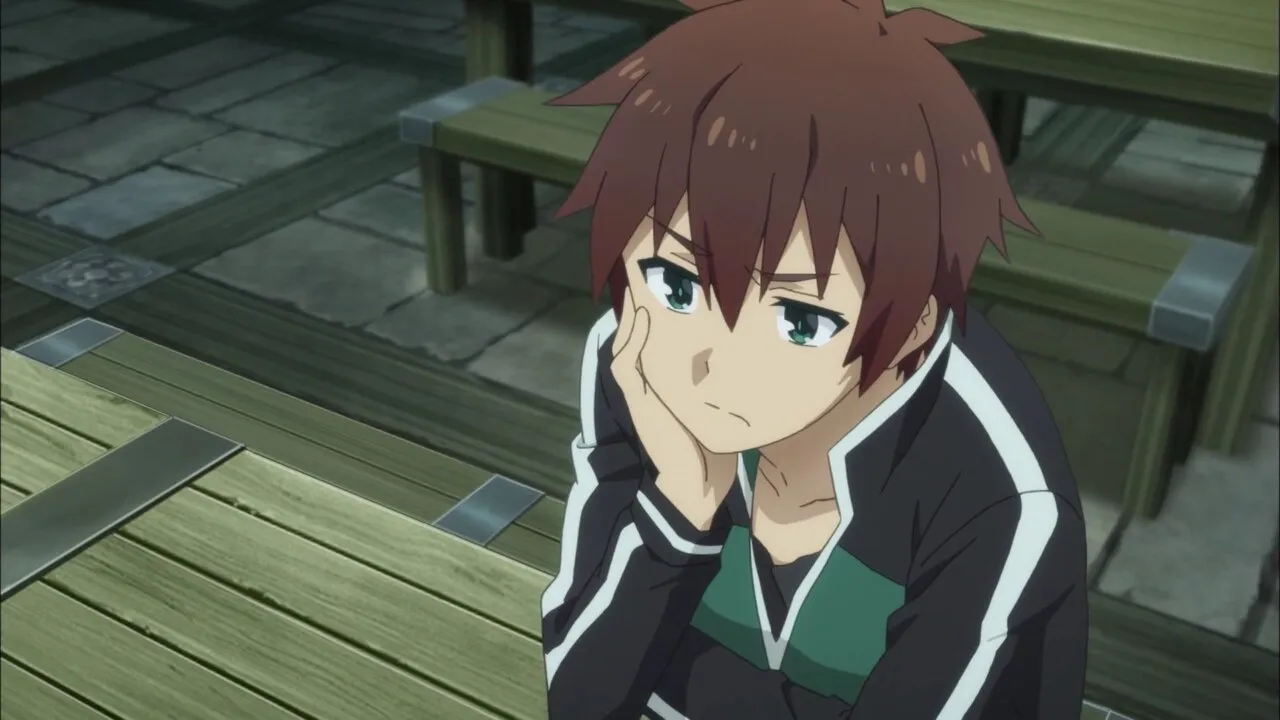 kazuma-aflito-com-algo-enquanto-coloca-seu-rosto-apoiado-em-sua-mao-direita