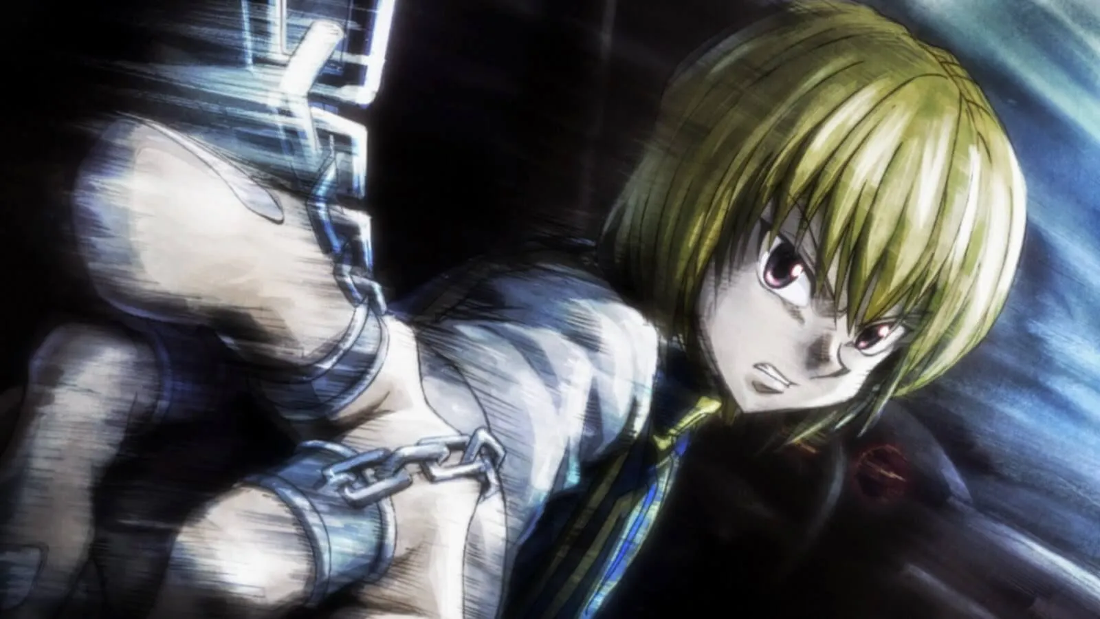 Kurapika lançando suas correntes num cenário de fundo escuro.