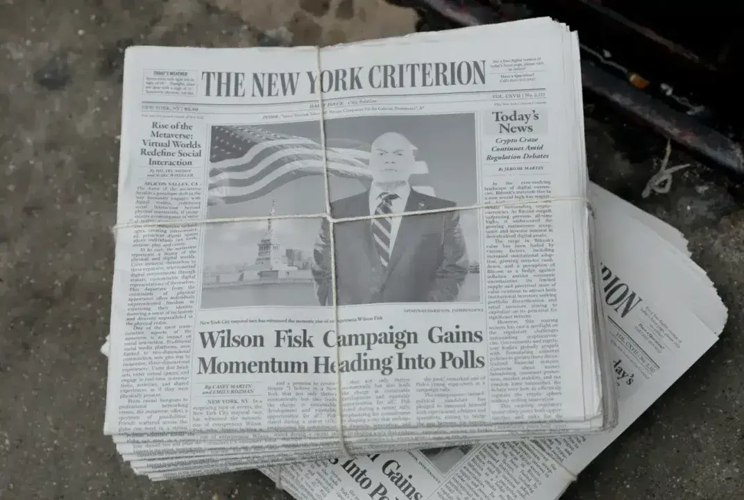  Jornal da série nova do Demolidor confirmando a candidatura de Wilson Fisk para prefeito