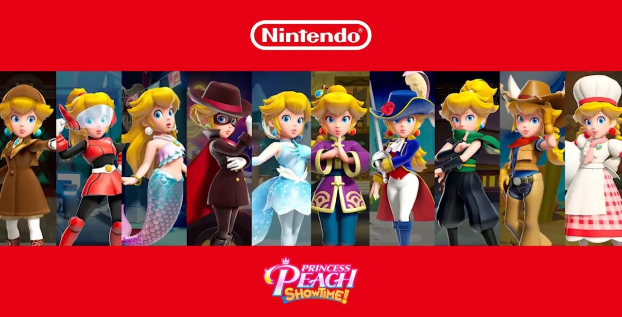Logo da Nintendo na parte superior, Trajes da Peach ao centro e no rodapé, o logo do jogo Princess Peach Showtime