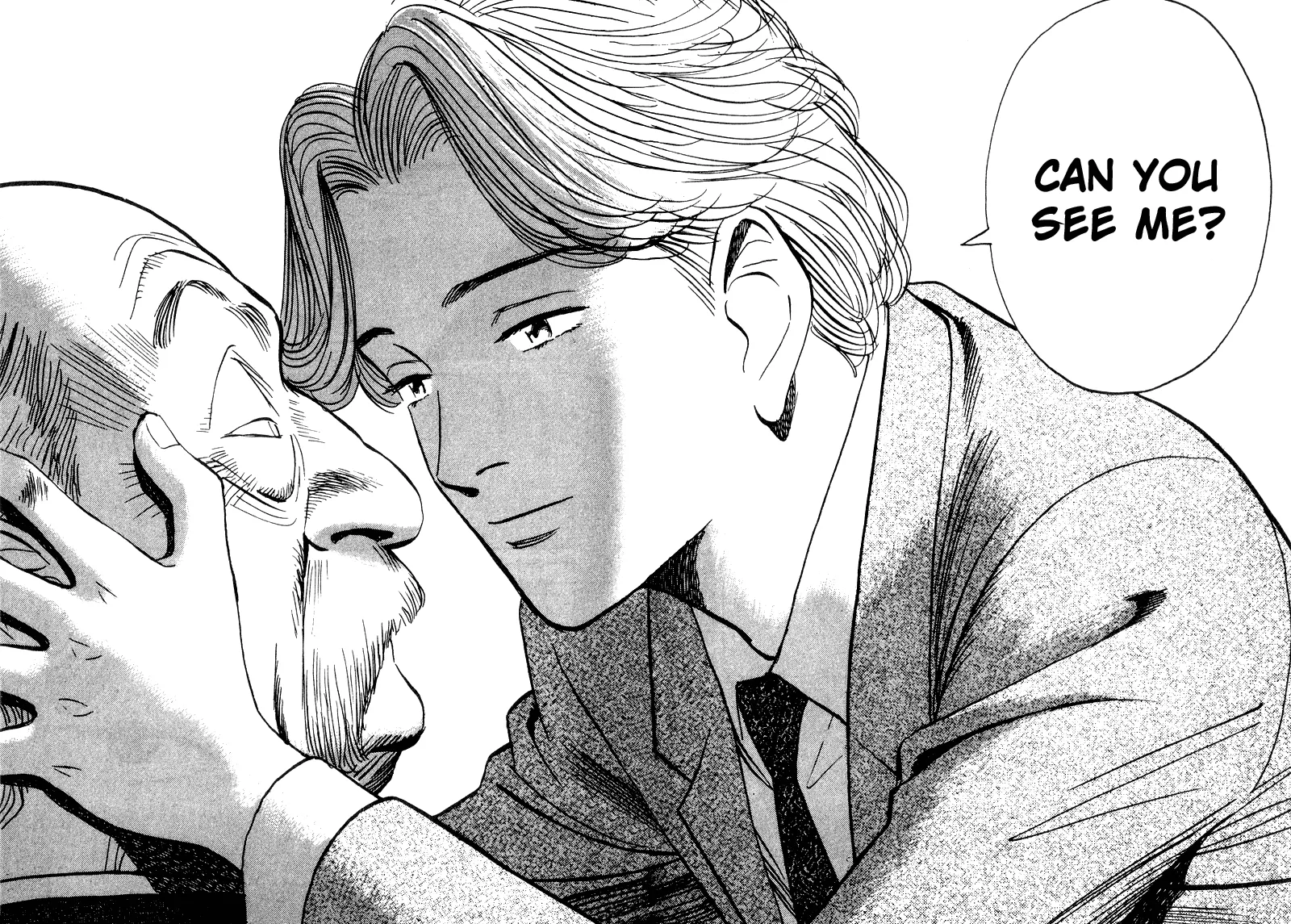 johan, personagem de monster, levantando a cabeça de um senhor enquanto llha fixamente para ele