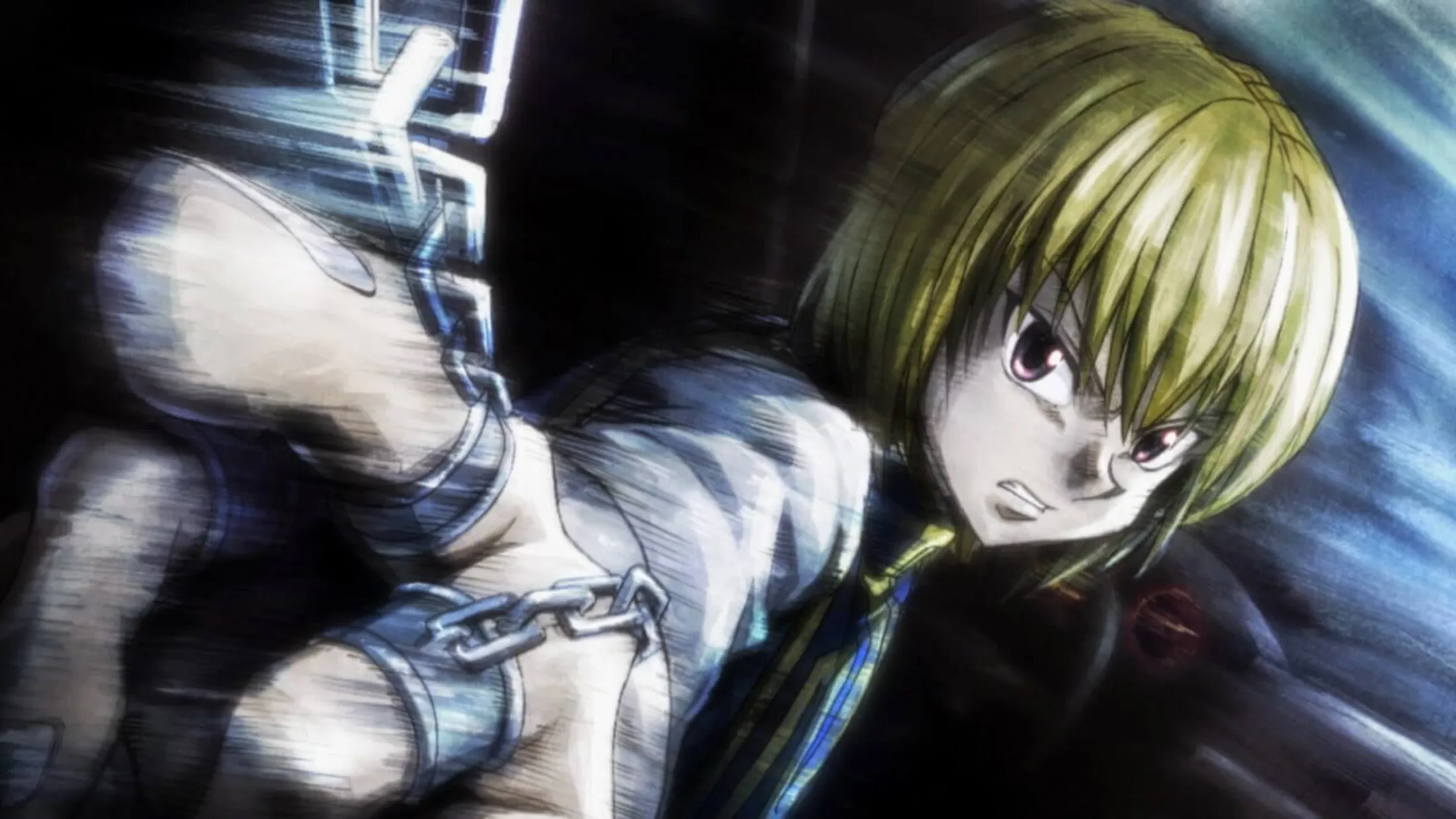 Kurapika lançando suas correntes num cenário de fundo escuro.