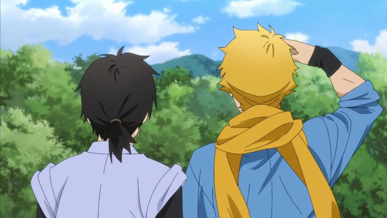 Danji e Yuru lado a lado e de costas olhando para o céu 