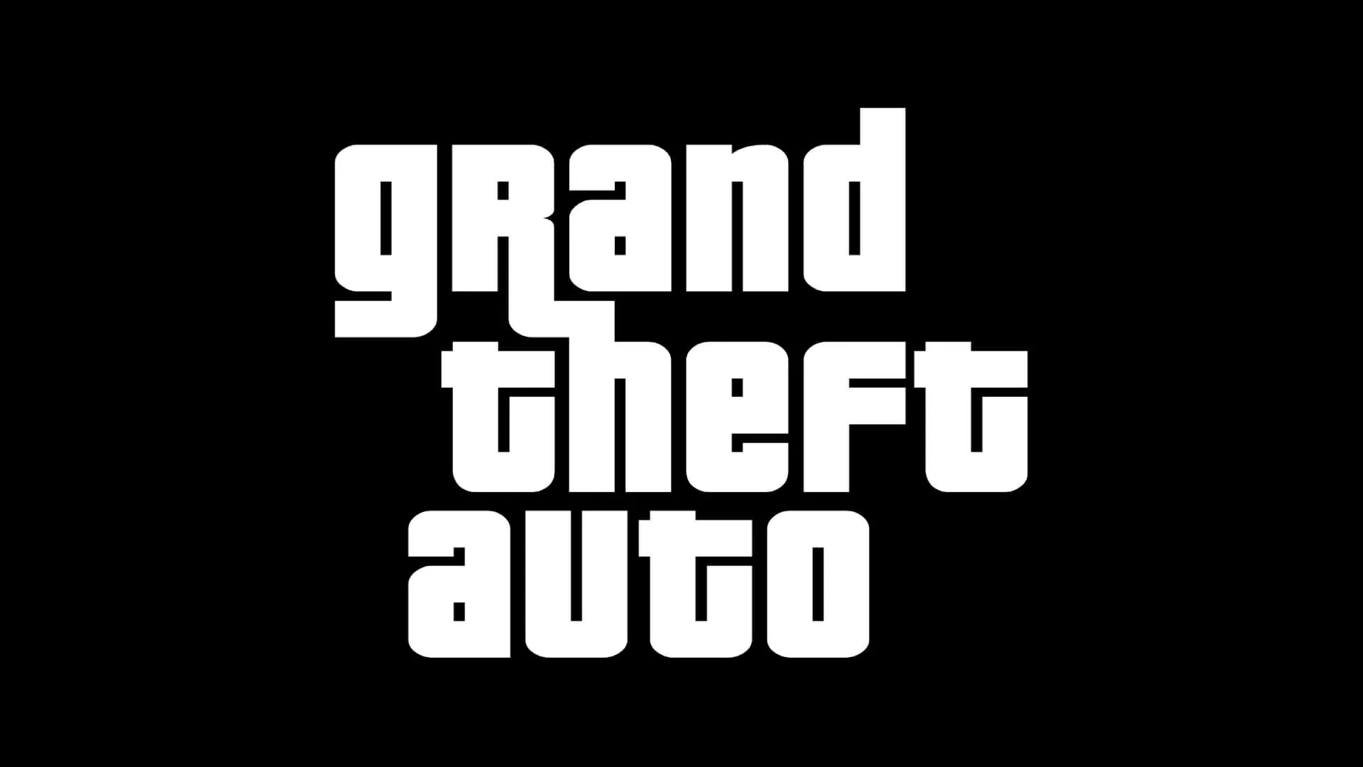 logotipo da franquia escrito Grand theft auto, onde cada palavra ocupa uma linha