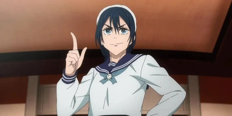 Riko usando uniforme escolar e apontando para cima, empolgada