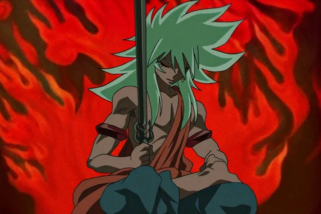 Fudou com uma roupa indiana segurando uma espada em posição de meditação