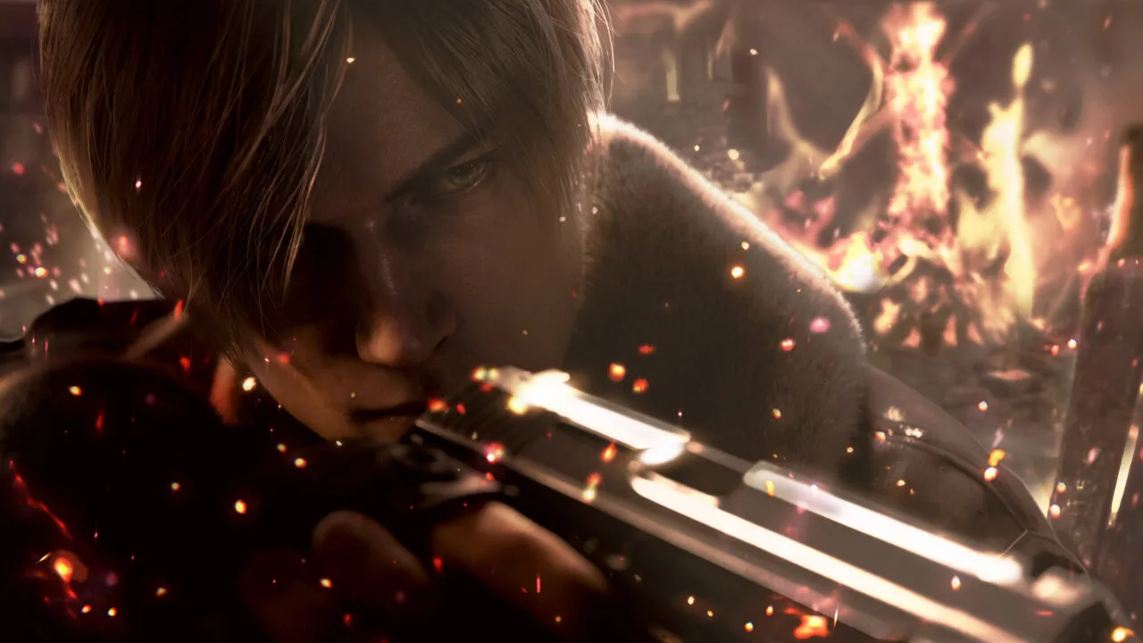 Leon Kennedy apontando uma arma em Resident Evil 4