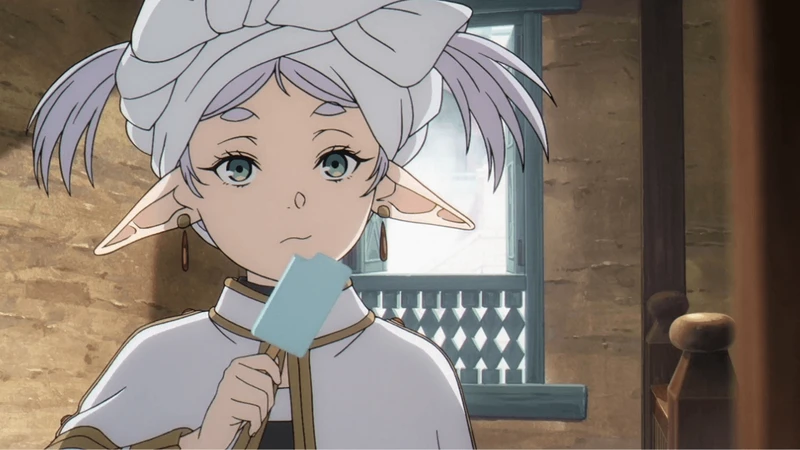 Frieren usando toalha na cabeça