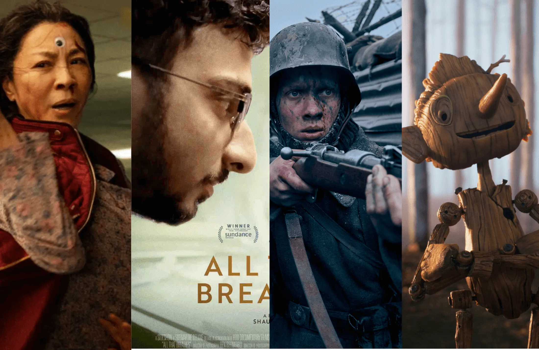 Tudo em Todo Lugar ao Mesmo Tempo, Nada de Novo no Front, Tudo O que Respira, Pinóquio por Guillhermo Del Toro e mais, são indicados ao Oscar 2023. Foto: Reprodução/Netflix. Divulgação/HBO Max e A24