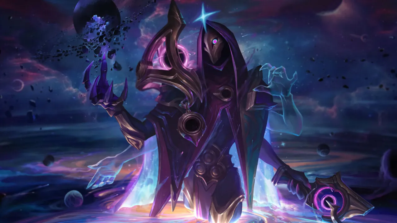 Jhin em sua temática Cosmos negro onde ele está maior que planetas