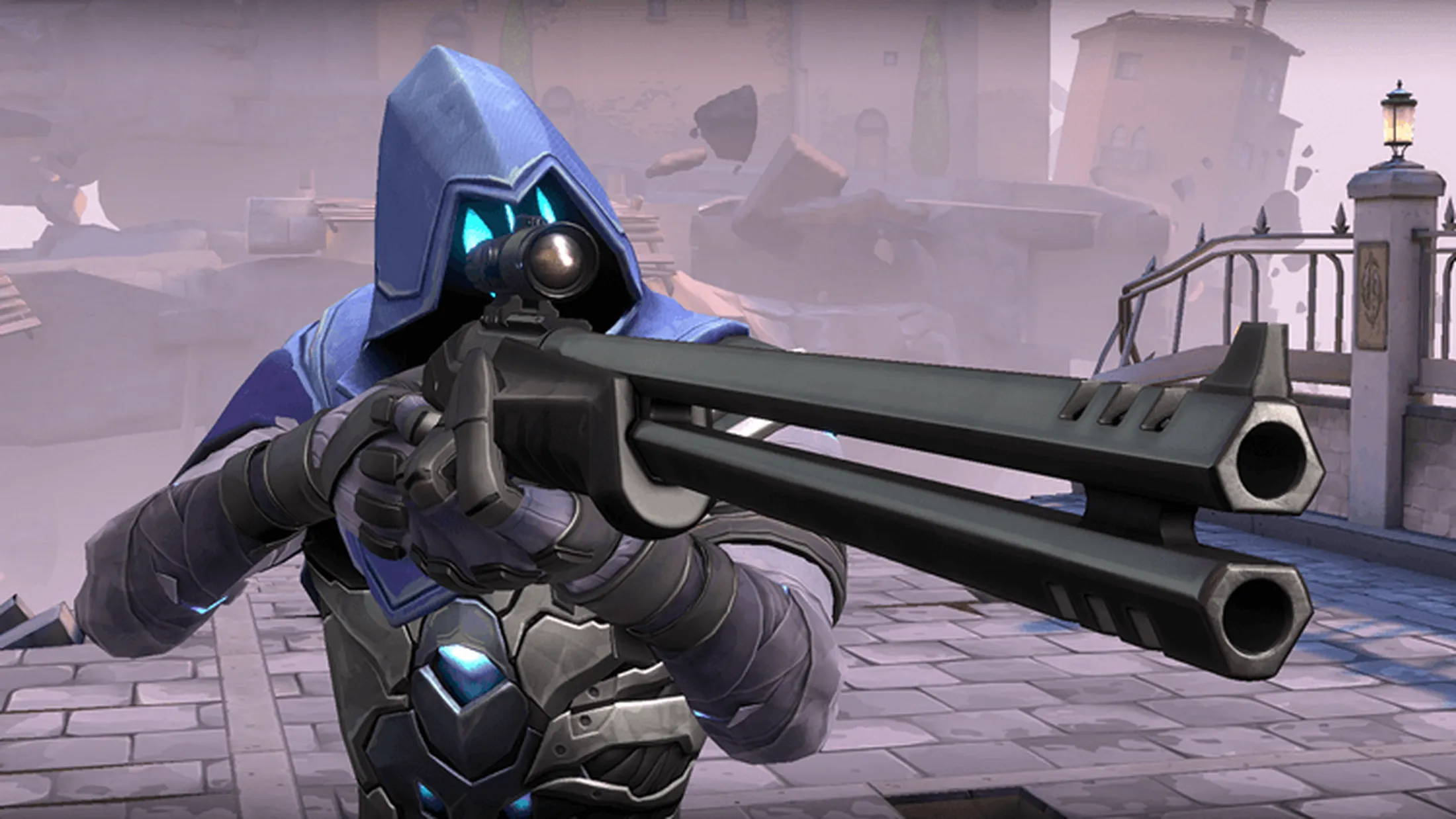 Personagem Omen, de Valorant, empunhando a "Outlaw", nova arma do game