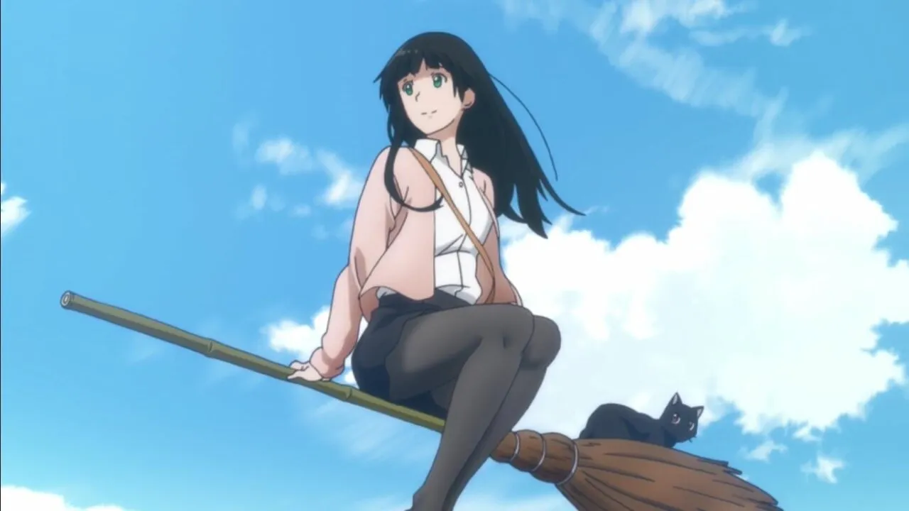 Makoto em sua vassoura mágica e seu familiar Chito