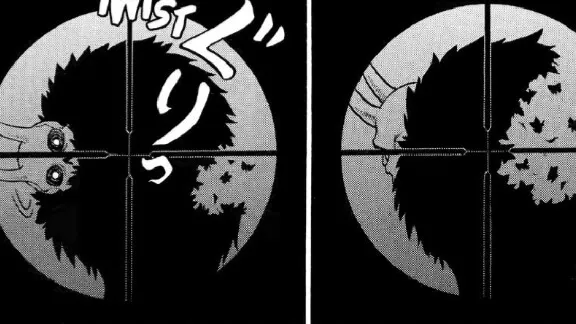 Tsugai Yozakura olhando para a frente e sendo atingido por um tiro ao olhar para o lado