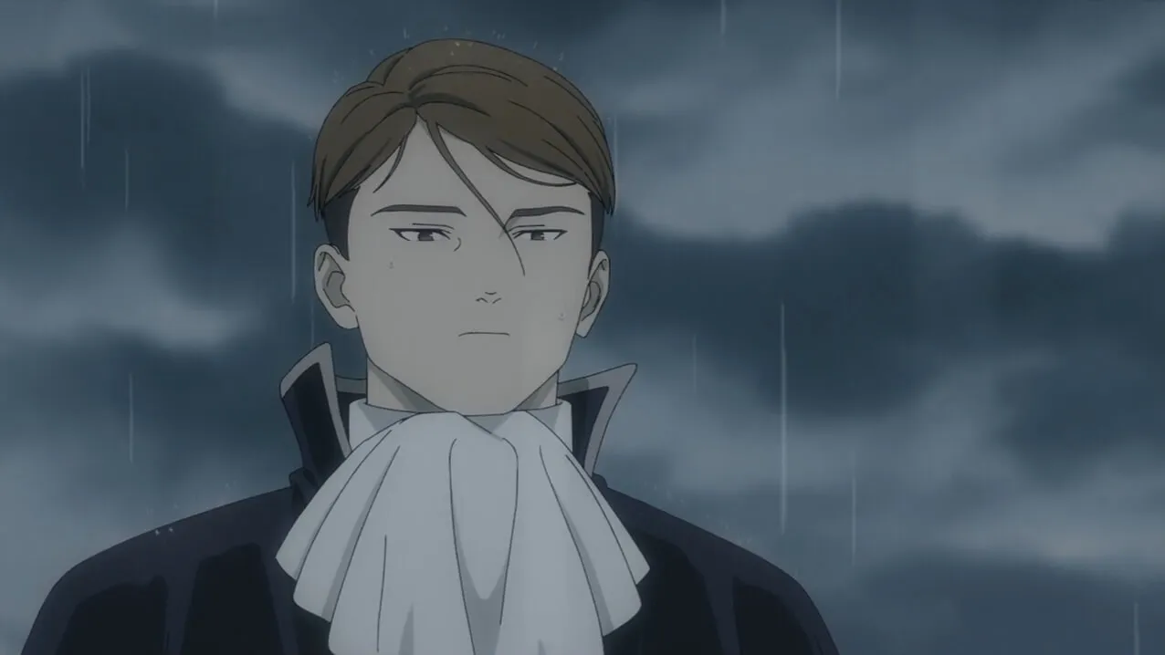 homem de cabelos castanhos sério olhando para frente na chuva