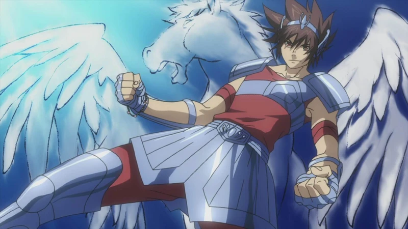 Tenma com sua armadura sorrindo confiante enquanto um pegasus aparece no cenário de fundo