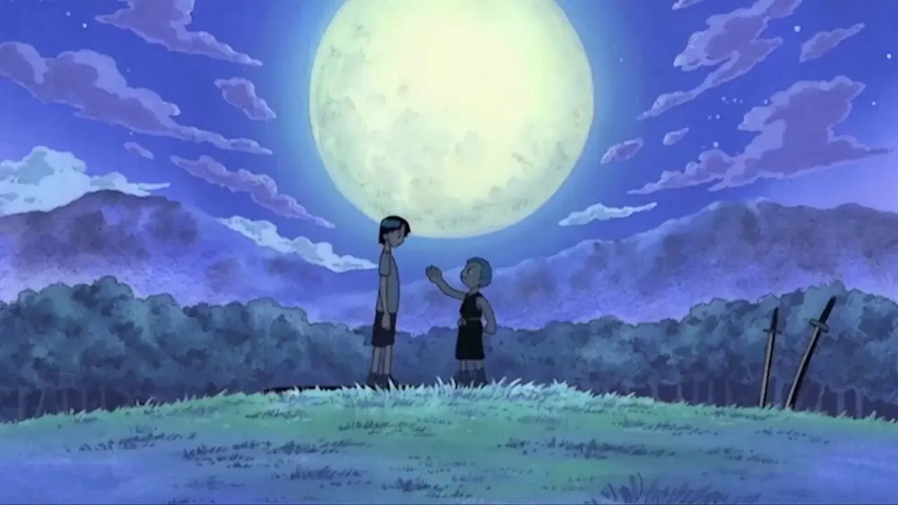 Zoro e Kuina crianças fazendo a promessa de que um deles será o melhor espadachim