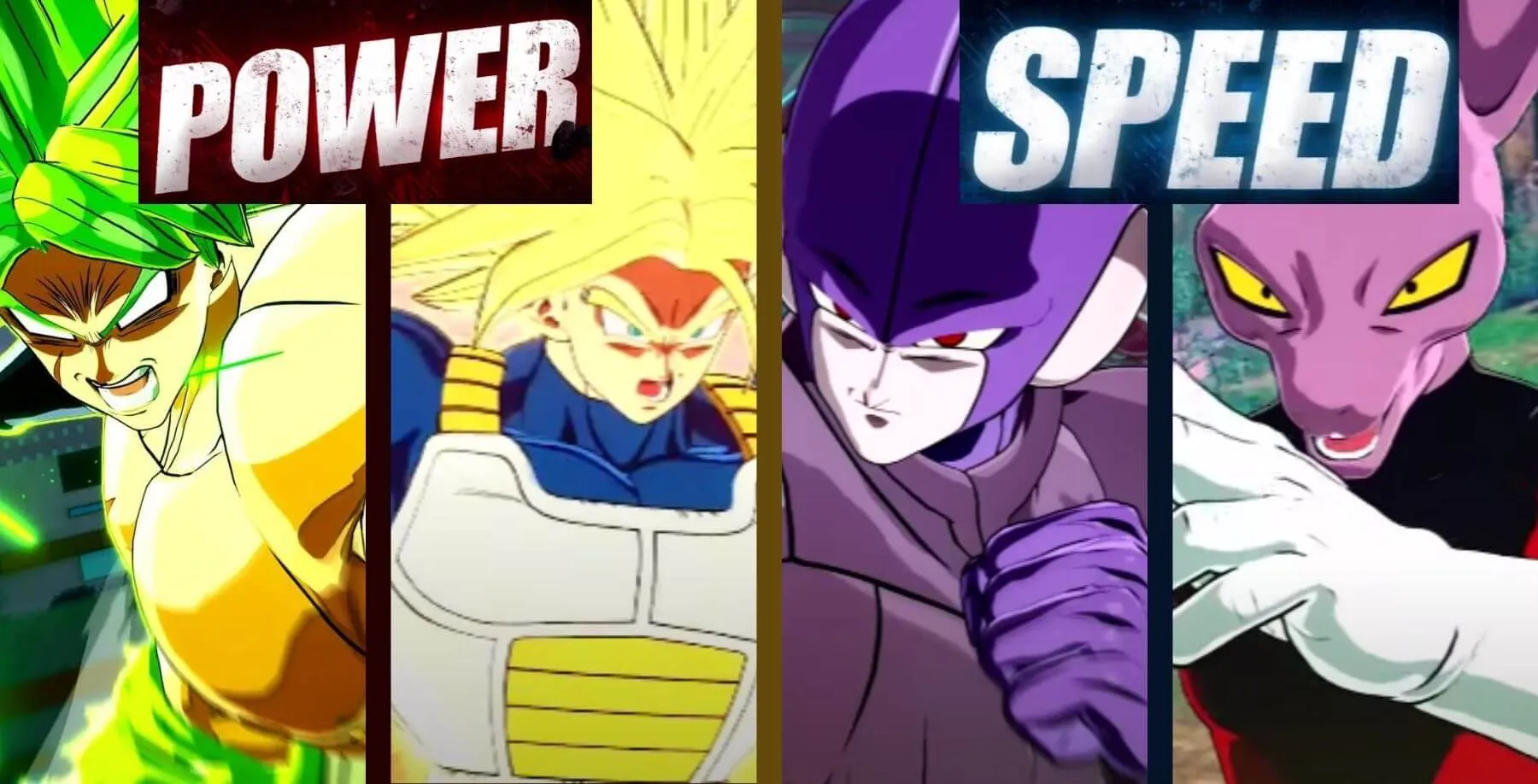 Palavra power para destacar Broly e Super Trunks e palavra speed, para destacar Hitto e Dyspo em Dragon Ball: Sparking Zero
