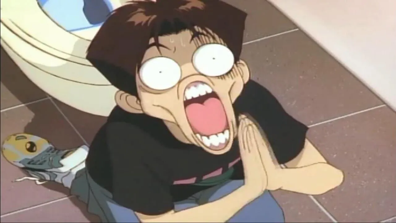kintaro implorando por uma segunda chance, enquanto limpava um banheiro