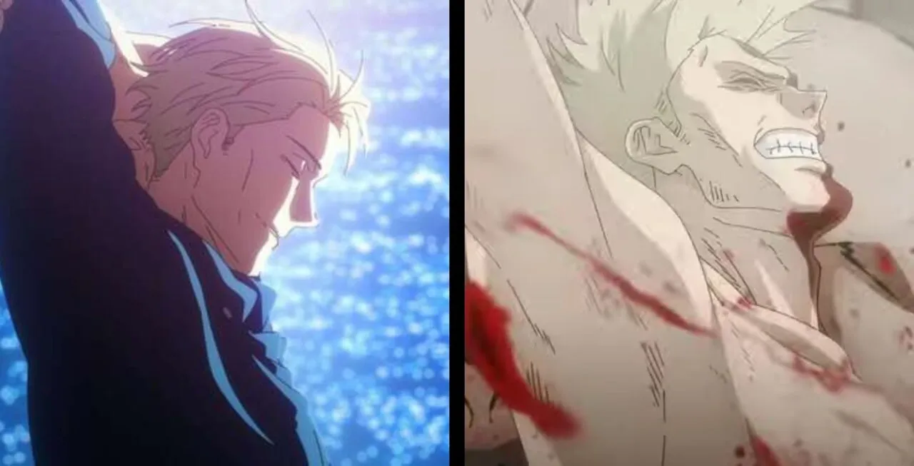 Lado esquerdo: Nanami calmo e feliz. Lado direito: Nanami com seu corpo machucado e lutando no sacrifício  em Jujutsu Kaisen