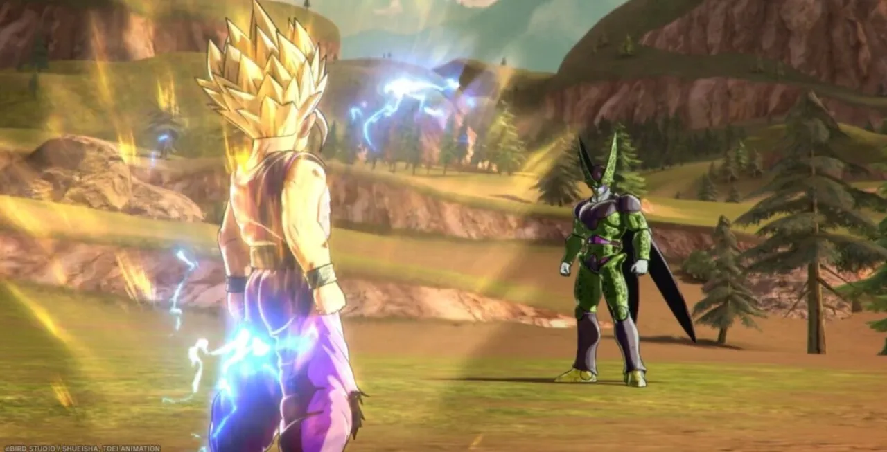Personagens Gohan e Cell se encarando em terreno montanhoso