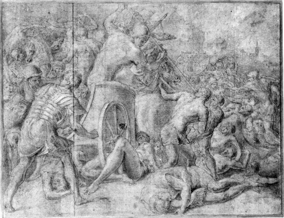 Ilustração do poema Odisseia mostra Odisseu e seus companheiros lutando contra os ciclones diante da cidade de Ismaros, obra de Francesco Primaticcio, 1555–60, via Metropolitan Museum of Art.